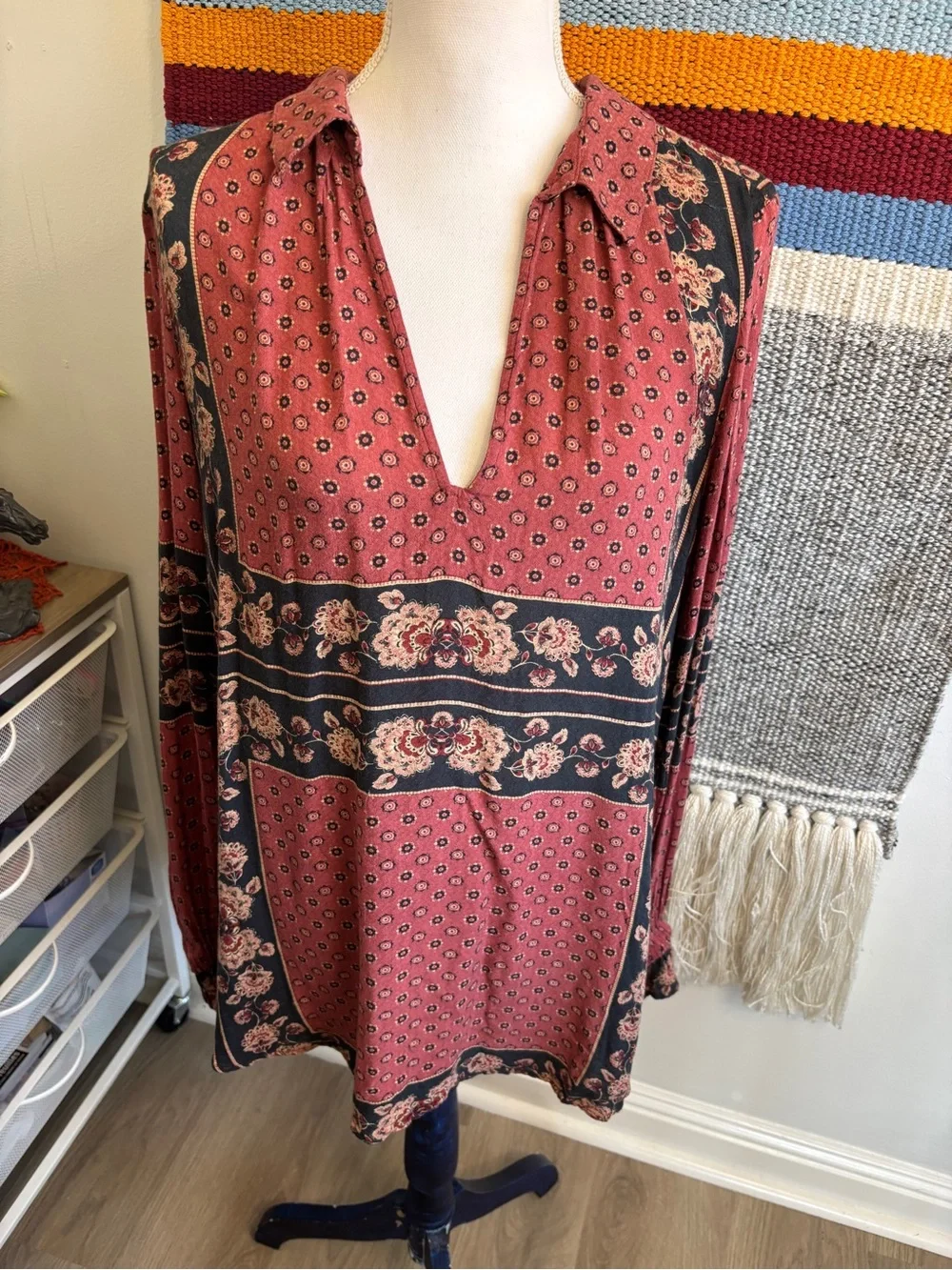 Free People Rust Floral V-Neck Boho Tunic Top